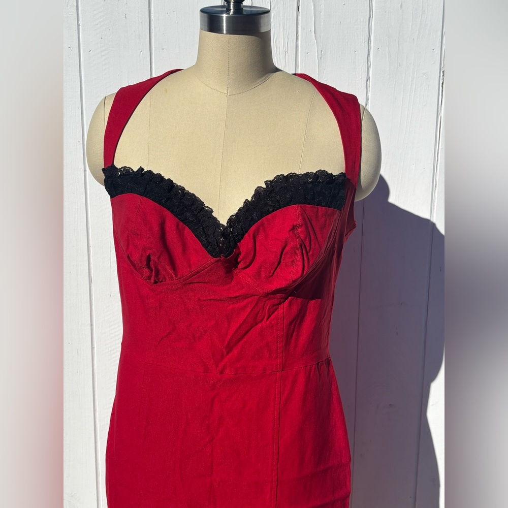 Pinup Couture Scarlet Dress with Ebony Trim - Picture 3 of 8